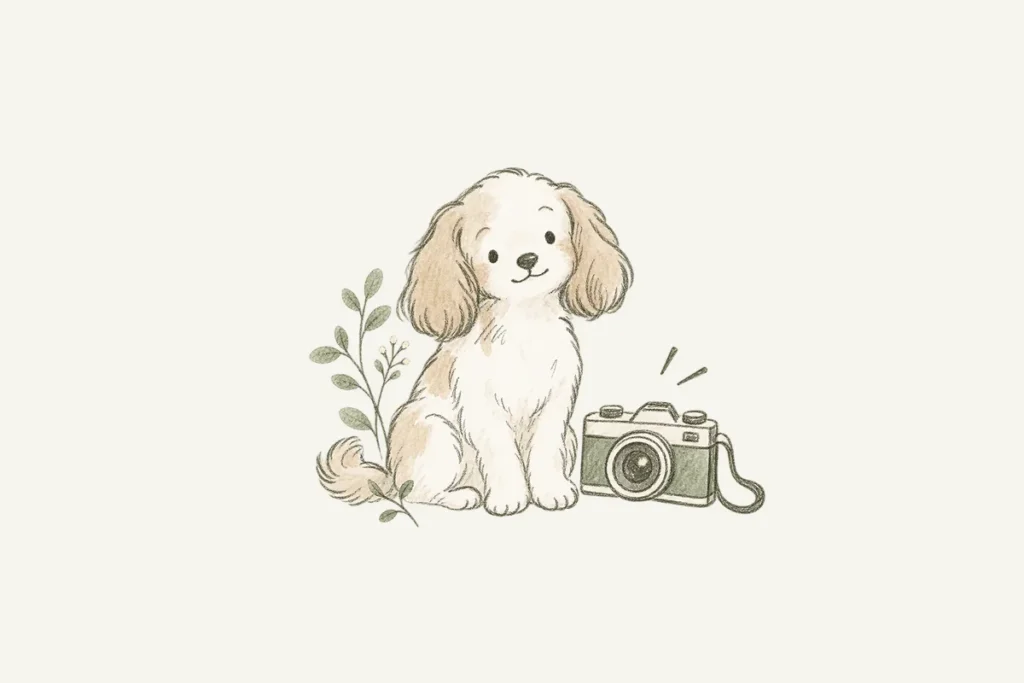 カメラの横に座る子犬のイラスト