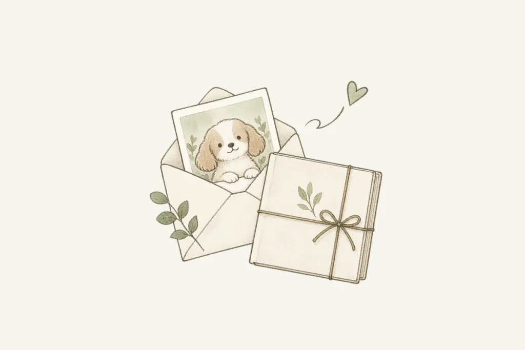 子犬の写真が入った封筒と、リボンをかけた贈り物のイラスト