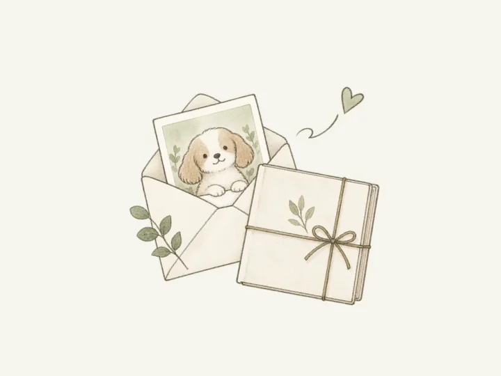 子犬の写真が入った封筒と、リボンをかけた贈り物のイラスト