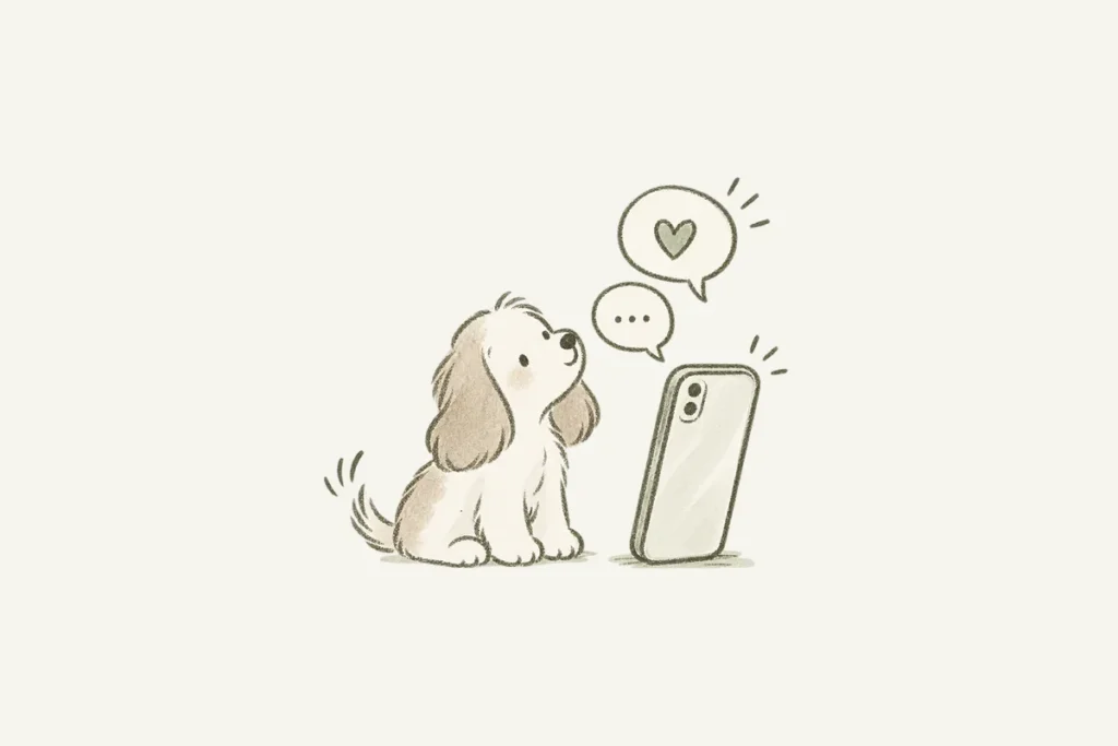スマートフォンを見上げる子犬のイラスト