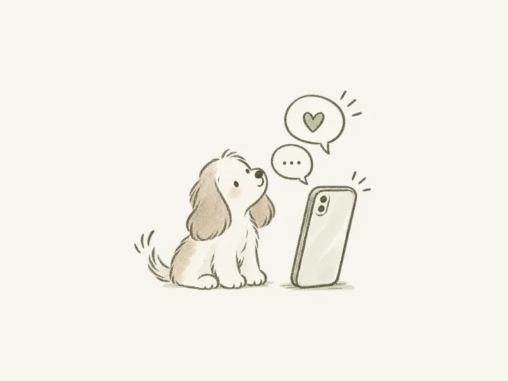 スマートフォンを見上げる子犬のイラスト